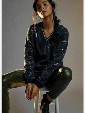 Anthropologie Black Sequin V-Neck Top